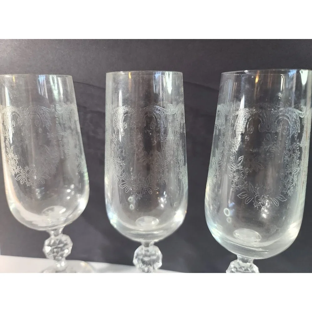 Set of 3 Vintage Etched Water Juice Cocktail Goblets Ball Stem Glasses